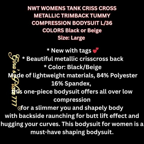 NWT WOMENS TANK CRISS CROSS METALLIC TRIMBACK TUMMY COMPRESSION BODYSUIT L/36 - Picture 4 of 16